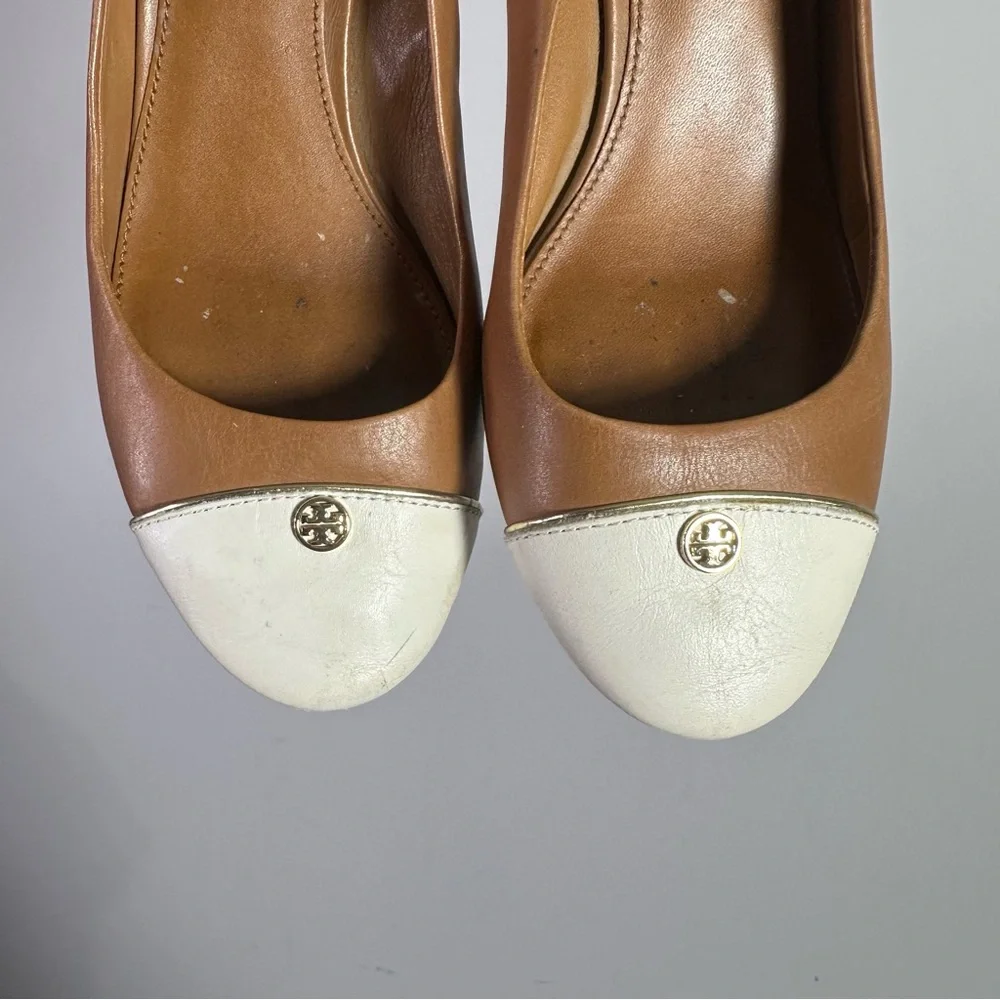 Tory Burch Brown White Leather Round Toe Stacked Wooden Wedge Heels
